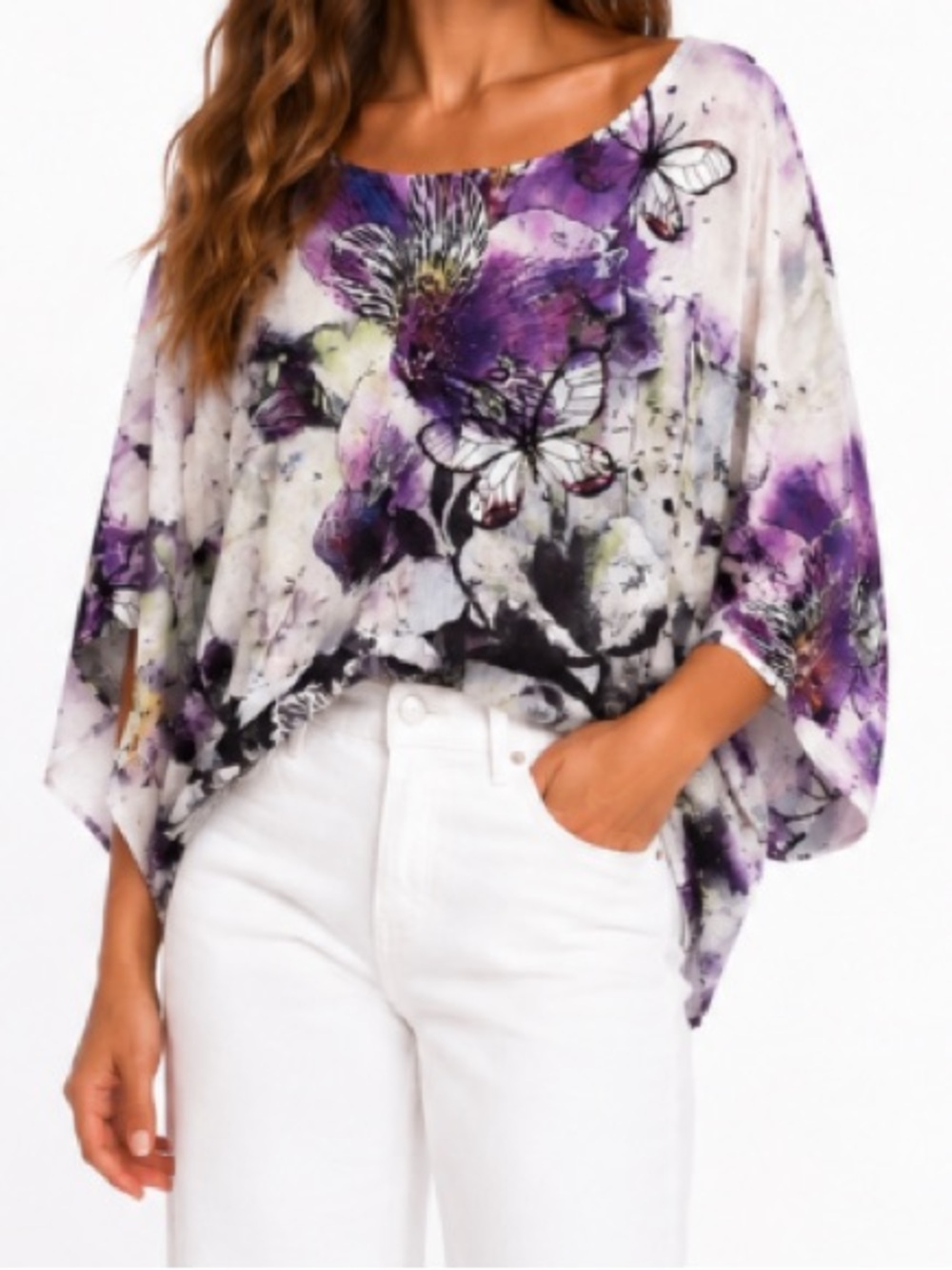 B.L.U.E. Floral butterfly Batwing Sleeves Chiffon Tunic Top size XL